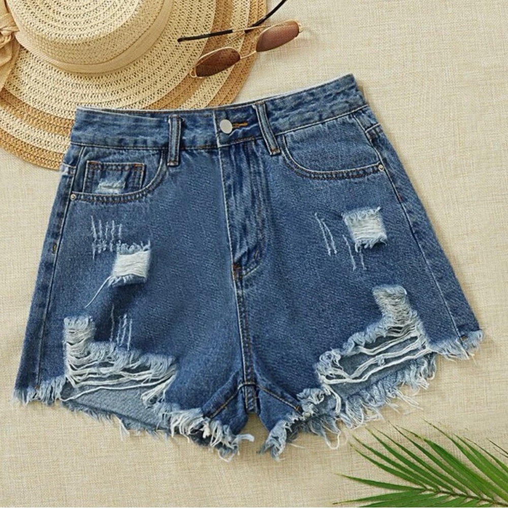 SHEIN Ripped Raw Cut Denim Shorts
